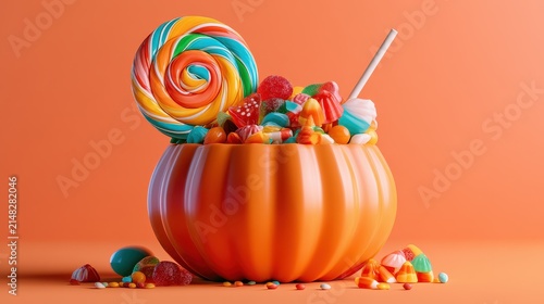 Pumpkin container filled with colorful confections sweet assortment spiral treat fruit chews jelly delights sugar drops festive dessert flat design front view autumn harvest theme 3D render Complement