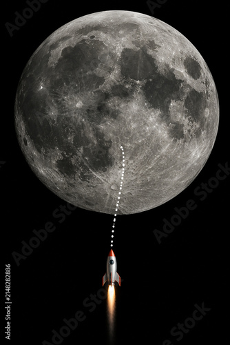 Moon and small rocket with curved path, space exploration concept