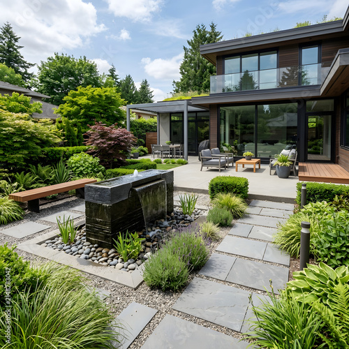 residential garden with fountain 