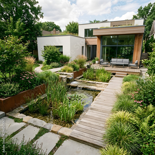 residential garden with fountain 
