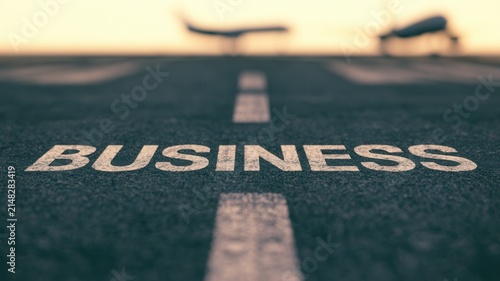 Road leading toward the horizon with the word business, symbolizing entrepreneurship, corporate strategy, career development, financial opportunity, market growth, leadership, and future planning.