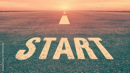 Road stretching toward the horizon with the word start in the foreground, symbolizing new beginnings, business launches, career opportunities, personal goals, motivation, journey, and future progress.