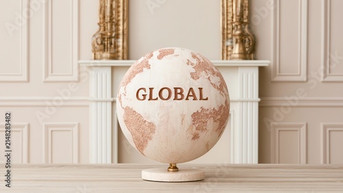 Globe displaying the word global in an elegant business setting, symbolizing international markets, worldwide commerce, global business strategy, economic expansion, connectivity, and international gr