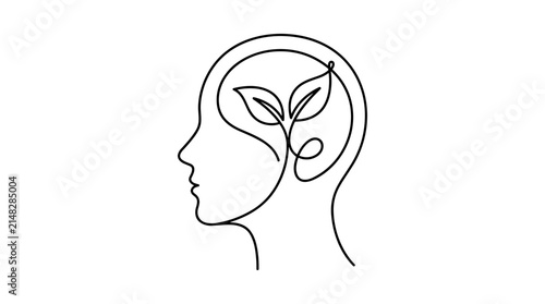 One single line drawing of human profile head with growing leaves for mental health concept