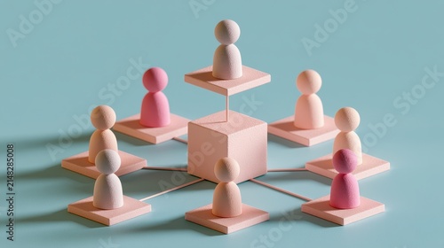 Strategic planning symbolic people distribution organizational chart business modeling management process visual communication flat design side view consulting theme 3D render colored pastel. 