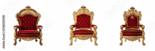 Set of three luxury royal golden thrones with red velvet upholstery and carved crowns isolated on white background, majestic antique armchair furniture stock PNG collection