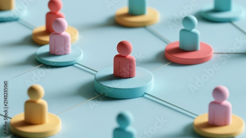 Strategic planning symbolic people distribution organizational chart business modeling management process visual communication flat design side view consulting theme 3D render colored pastel. 