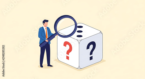 Businessman examining a large cube with question marks and a magnifying glass, symbolizing decision making and uncertainty.