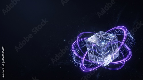 Futuristic Quantum Computing Crystal Cube with Glowing Energy Orbit in Deep Space