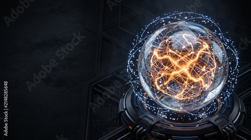 Futuristic Quantum Energy Sphere with Glowing Plasma and Digital Technology Background