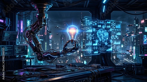Futuristic laboratory with robotic arms and glowing blue holographic data displays in a dark high tech facility
