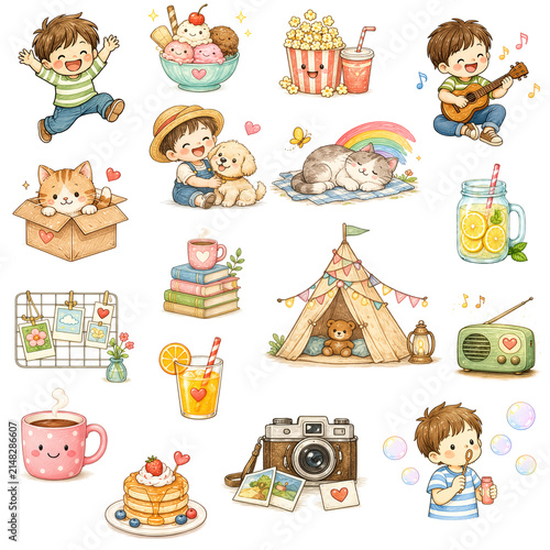 Cute Kawaii Summer Clipart Collection with Happy Kids, Animals, Camping Tent, Camera, Pancakes, Coffee, Lemonade and Cozy Lifestyle Illustrations Isolated on Transparent Background