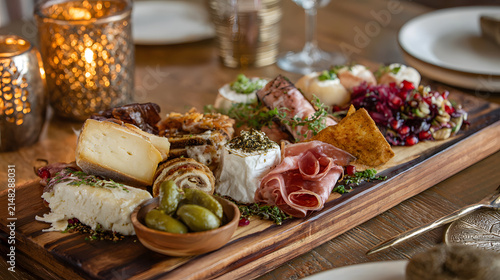 Soft lit charcuterie board with assorted artisanal cheese, cured meat, olives, crackers and seasonal fruit garnishes creating cozy elegant appetizer spread for intimate gathering