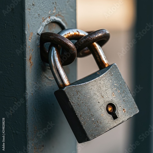 A weathered metal padlock secured firmly to a structure, representing commitment, finality, security, and permanence in a fixed position ,attachment ,permanence ,padlock