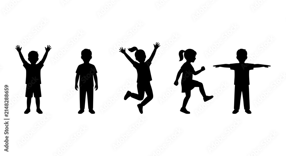 Fototapeta premium Children Silhouettes, Diverse Kids Poses, Playful Figures, Active Childhood Vector Set