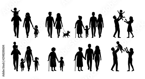 Diverse Family Silhouettes, People Icons, Parents and Children, Community Groupings, Vector Set