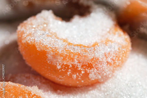 Cooking berries apricot with sugar. Apricots jam making process. Shallow depth of field.