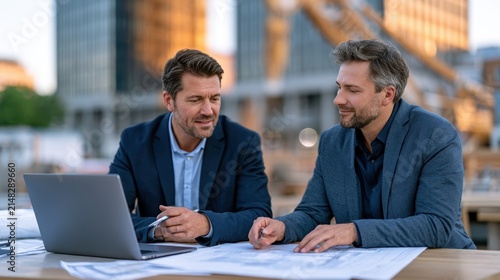 Two businessmen collaborating on laptop and architectural blueprints