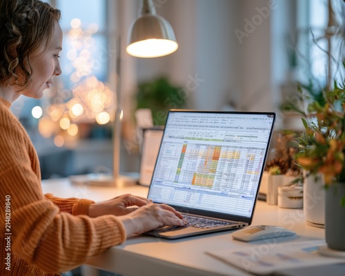 Young woman working on laptop computer at home office desk