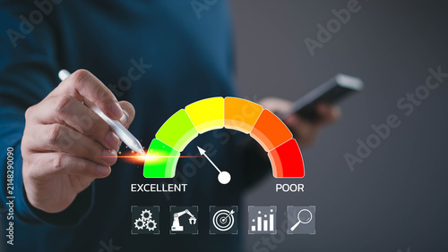Business professional improving a performance indicator dashboard with an excellent rating, representing KPI measurement, performance, quality management, productivity, optimization and improvement.