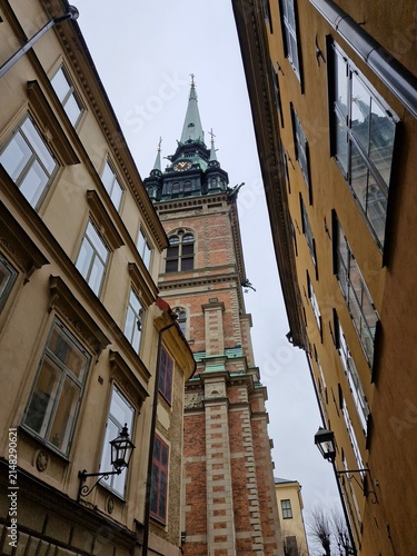 Church clock tower in Stockholm Old Town