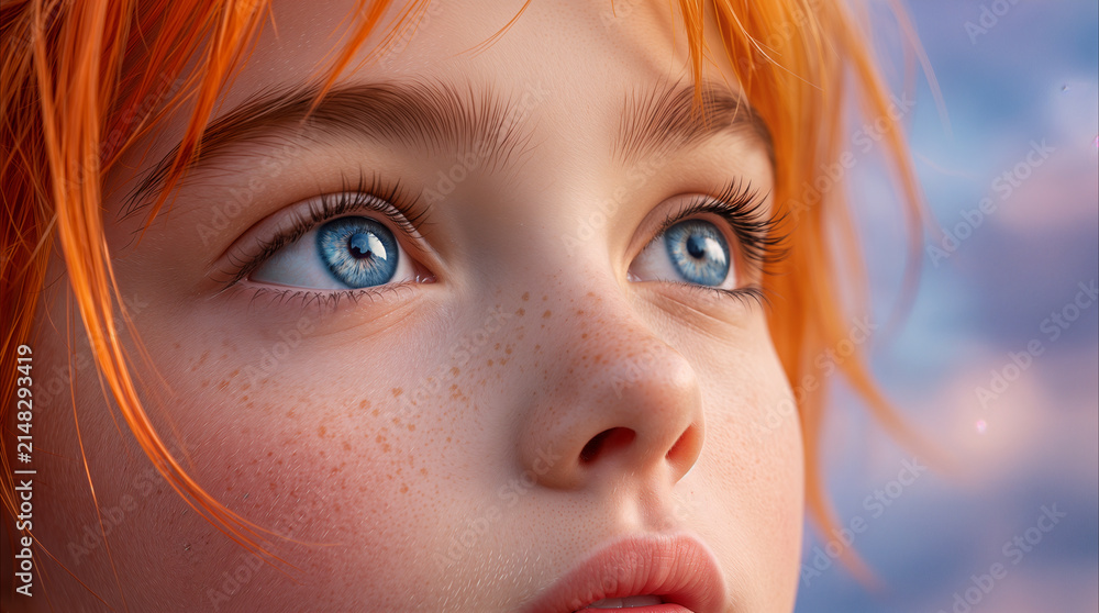 Fototapeta premium Close-up of young girl with red hair and freckles looking up. Child with blue eyes and bright hair against soft sky background.