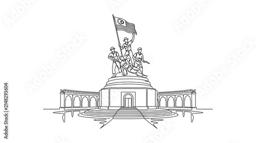 Continuous Line Drawing of National Heroes Monument with Soldiers and Flag