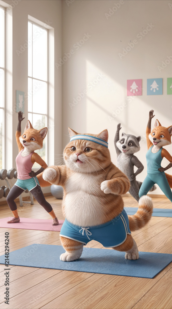 Fototapeta premium Obese ginger cat practicing yoga in group class with foxes and raccoon. Anthropomorphic animals exercising on mats in bright gym studio.