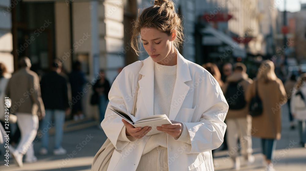 Fototapeta premium Psychiatrist reviewing patient notes outside a clinic entrance on a busy city street, the aftermath of a session evident in a closed notebook and thoughtful posture, pedestrians