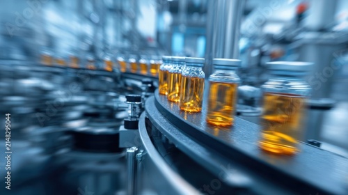 Pharmaceutical vials filled with liquid on high-speed conveyor belt line in factory.