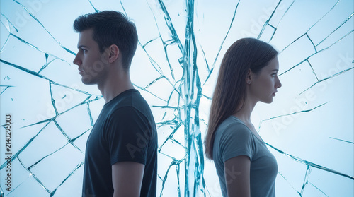 Estranged couple standing back to back against shattered glass background. Relationship breakdown and emotional distance concept.