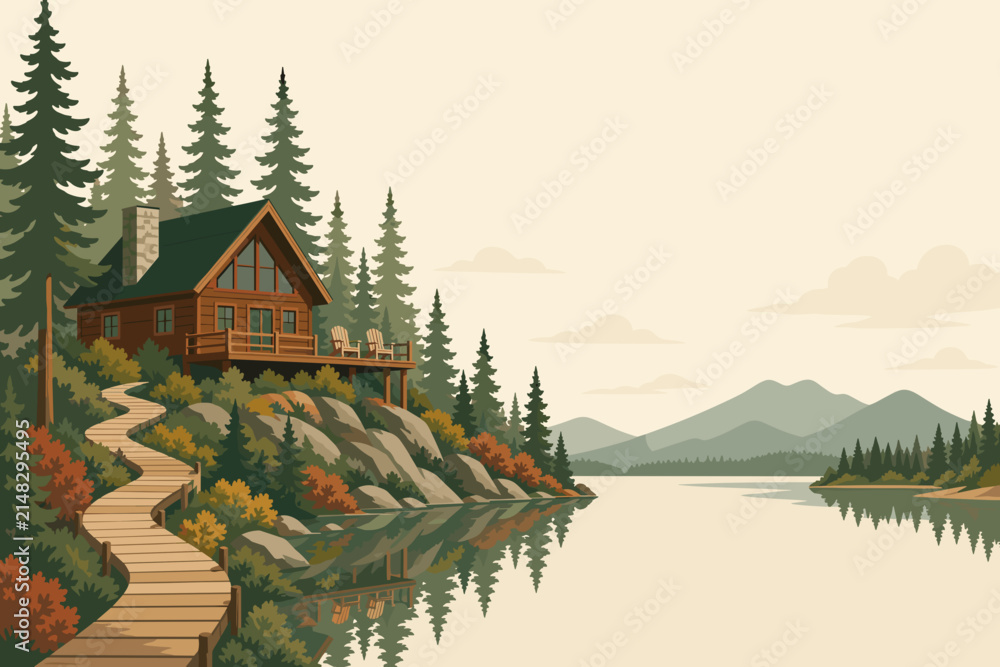 Obraz premium Pine Cabin Overlook Vector Seasonal Website Hero