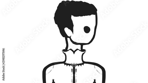 The cartoon character blinks his eyes and periodically turns his head to the right.