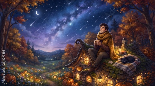 fantasy scene with a man and his pumpkin cottage