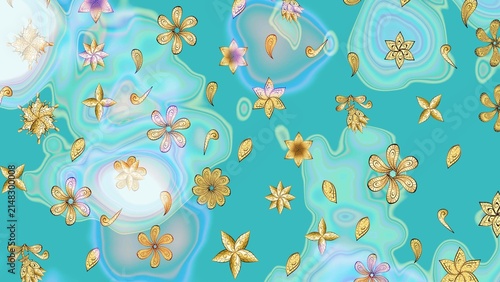 Raster seamless pattern on blue, neutral and beige colors with golden elements. Damask seamless pattern for design.