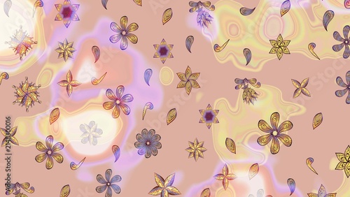 Raster geometric background. Golden color seamless illustration. Golden seamless pattern on neutral, beige and pink colors with golden floral elements. For your design, wallpaper.