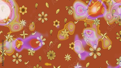 Oriental style arabesques. Raster golden pattern. Seamless golden textured curls. Brown, yellow and neutral colors with gold elements. Raster illustration.