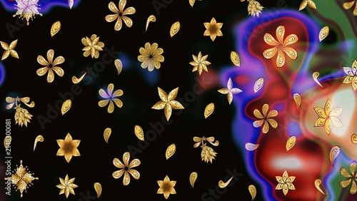 Christmas golden snowflake seamless pattern. Symbol holiday, New Year celebration raster golden pattern. Golden snowflakes on black, brown and red colors. Winter snow texture wallpaper.