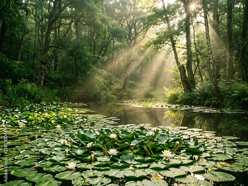 Sunlight streaming through trees over a tranquil pond filled with blooming white water lilies in a lush forest