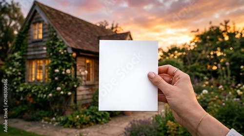 A hand holding a blank white card in front of a cozy cottage garden at golden hour