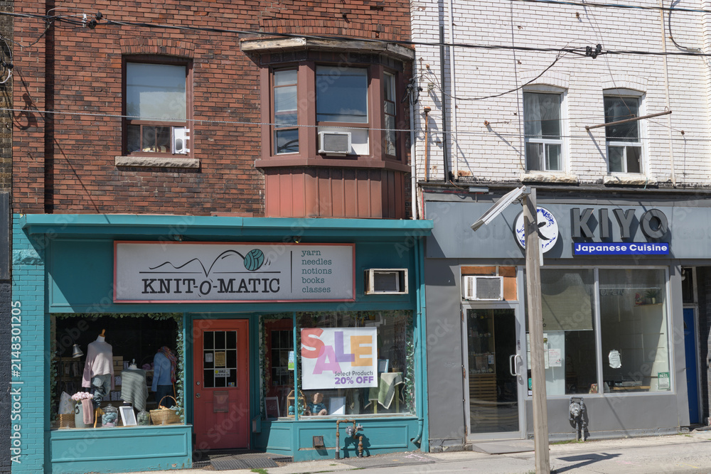 Fototapeta premium exterior, wide view of Knit-O-Matic, a knit shop, located at 1382 Bathurst St, Toronto (next door: Kiyo Japanese Cuisine)