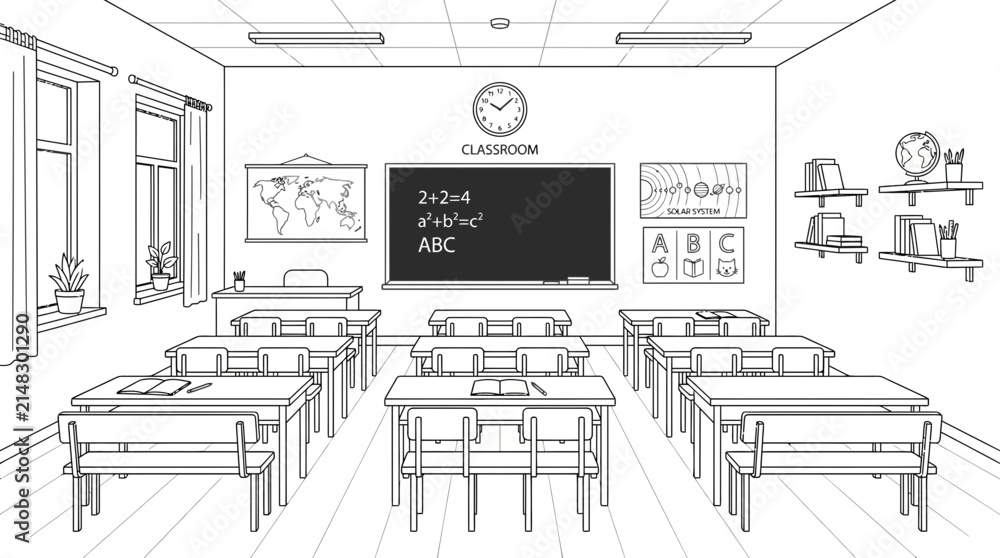 Fototapeta premium Empty School Classroom Interior with Desks Chairs and Educational Posters Line Art Illustration
