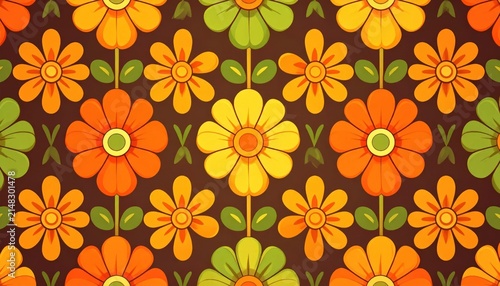 Geometric retro floral pattern in warm yellow and orange