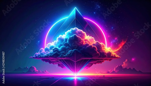 Geometric pyramid floating above a glowing cloud in space.