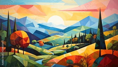 Geometric stained glass mountain sunset landscape art.