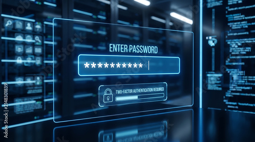 Digital security and privacy concept, login screen with password entry and two-factor authentication