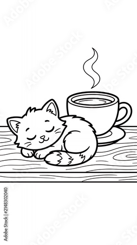Sleeping kitten next to steaming coffee cup coloring page.