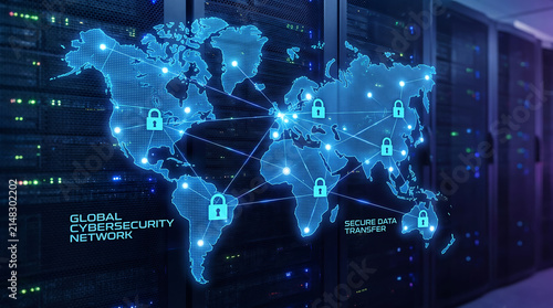 Global Cyber Security Network Infrastructure and Digital Data Protection System Concept with World Map Visualization