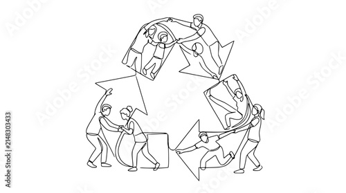 One line drawing of people collaborating within a recycle symbol for environmental sustainability