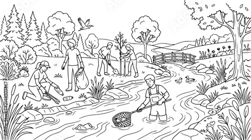 Volunteers Cleaning River and Planting Trees for Environmental Protection Activity